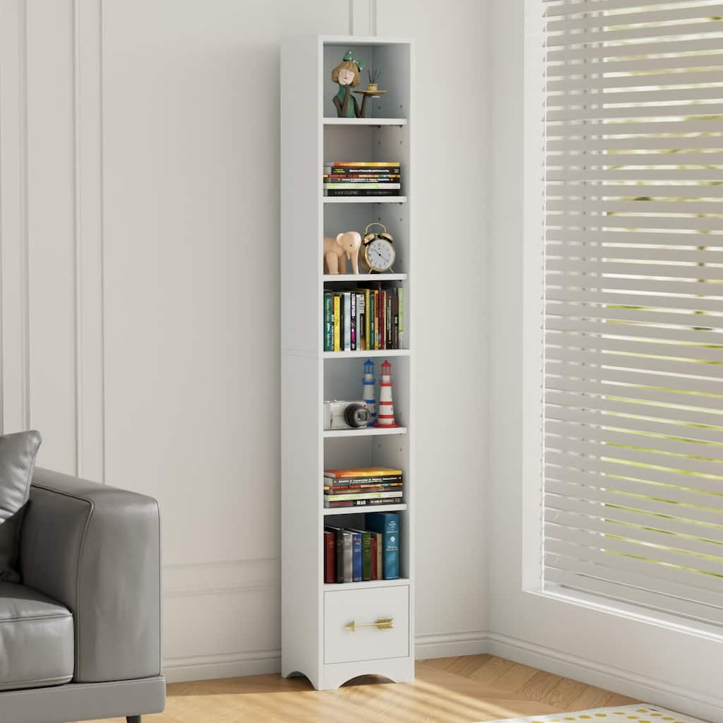 Javlergo Tall 7-Tier Adjustable Corner Bookcase with Drawer MDF Storage Shelf for Living Room Bedroom Kitchen and Entryway