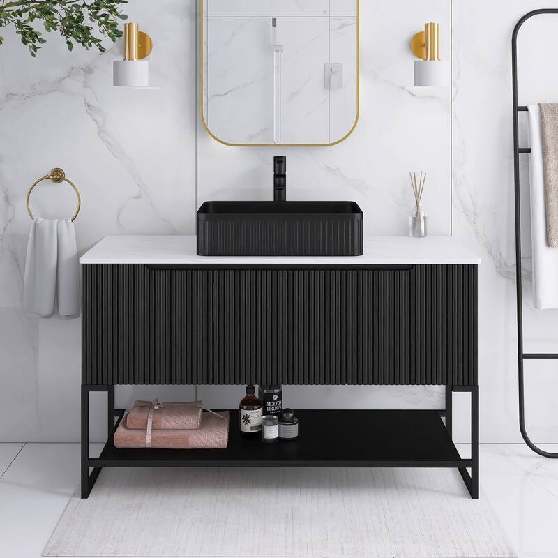 48 inch Freestanding Bathroom Vanity with Ceramic Sink in Black wood