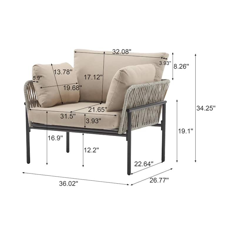 Christopher Knight Home - PureNest 36" Beige and Light Wood-Tone Rope Iron Lounge Chair with Cushions