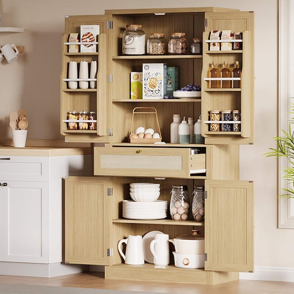 70 Inch Tall Pantry Cabinet, Rattan Kitchen Storage Cabinet with Drawer, Door Shelves & Adjustable Shelves