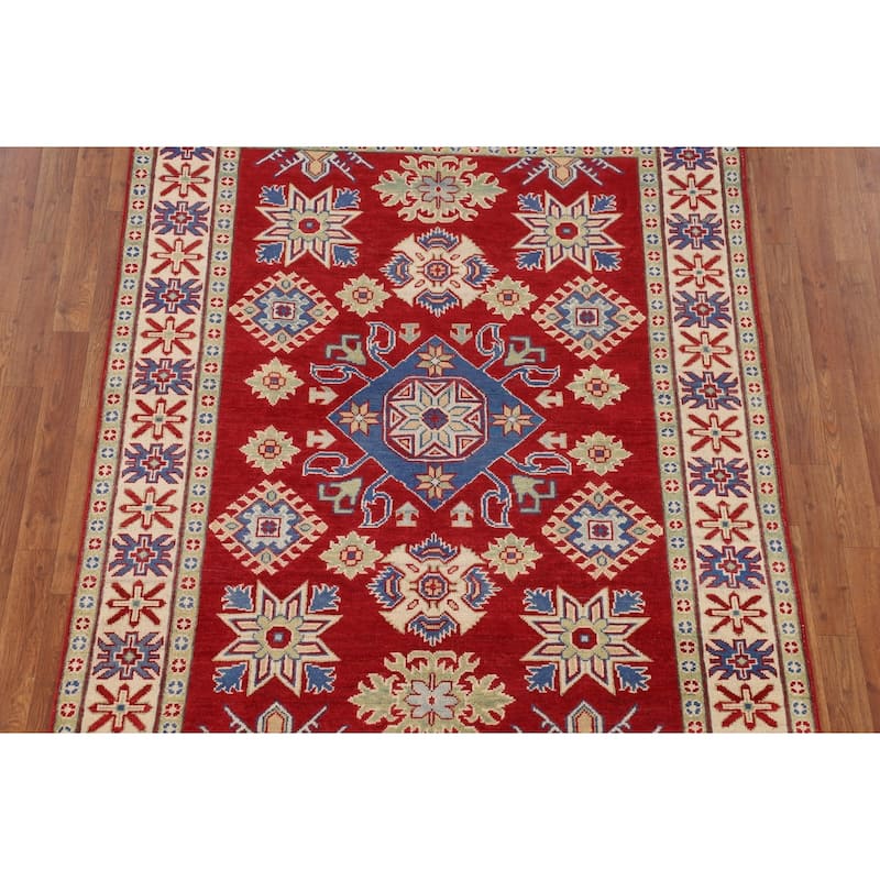 Red Geometric Kazak Oriental Area Rug Handmade Traditional Wool Carpet - 4'11" x 6'6"