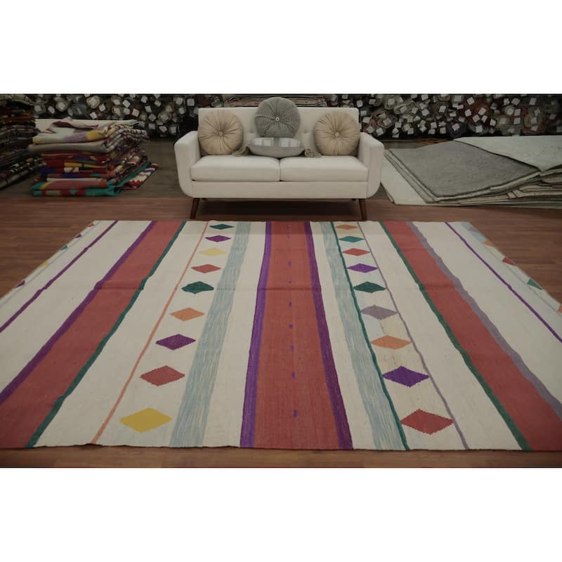Hand Woven Oriental 100% Wool Carpet Southwestern Tribal Beige & Ivories Kilim Area Rug - 9' 11'' X 8' 3''