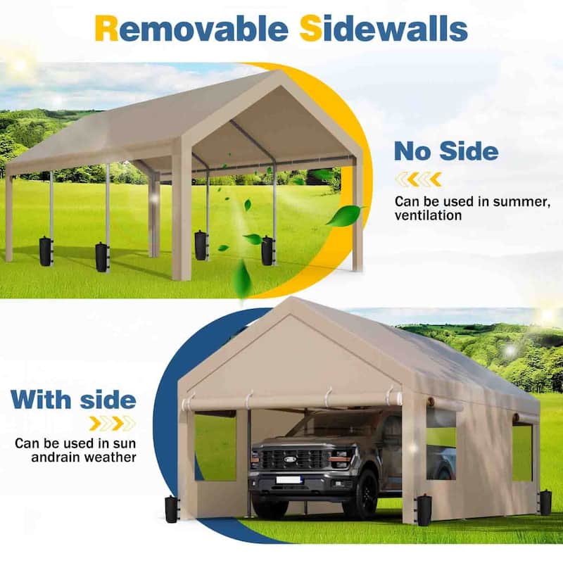 Futzca 12x20 ft Carport Canopy, Waterproof Outdoor Shelter with Sandbags