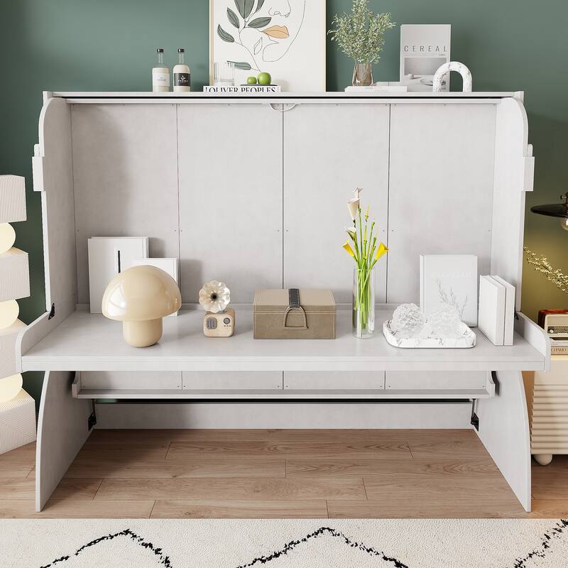 Full Size Murphy Bed with 3 Storage Shelves & Desk, Rustic 2-in-1 Bed Wooden Convertible Cabinet Bed, Space-Saving Design - Antique White - Full