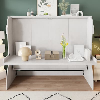 Full Size Murphy Bed with 3 Storage Shelves & Desk, Rustic 2-in-1 Bed Wooden Convertible Cabinet Bed, Space-Saving Design