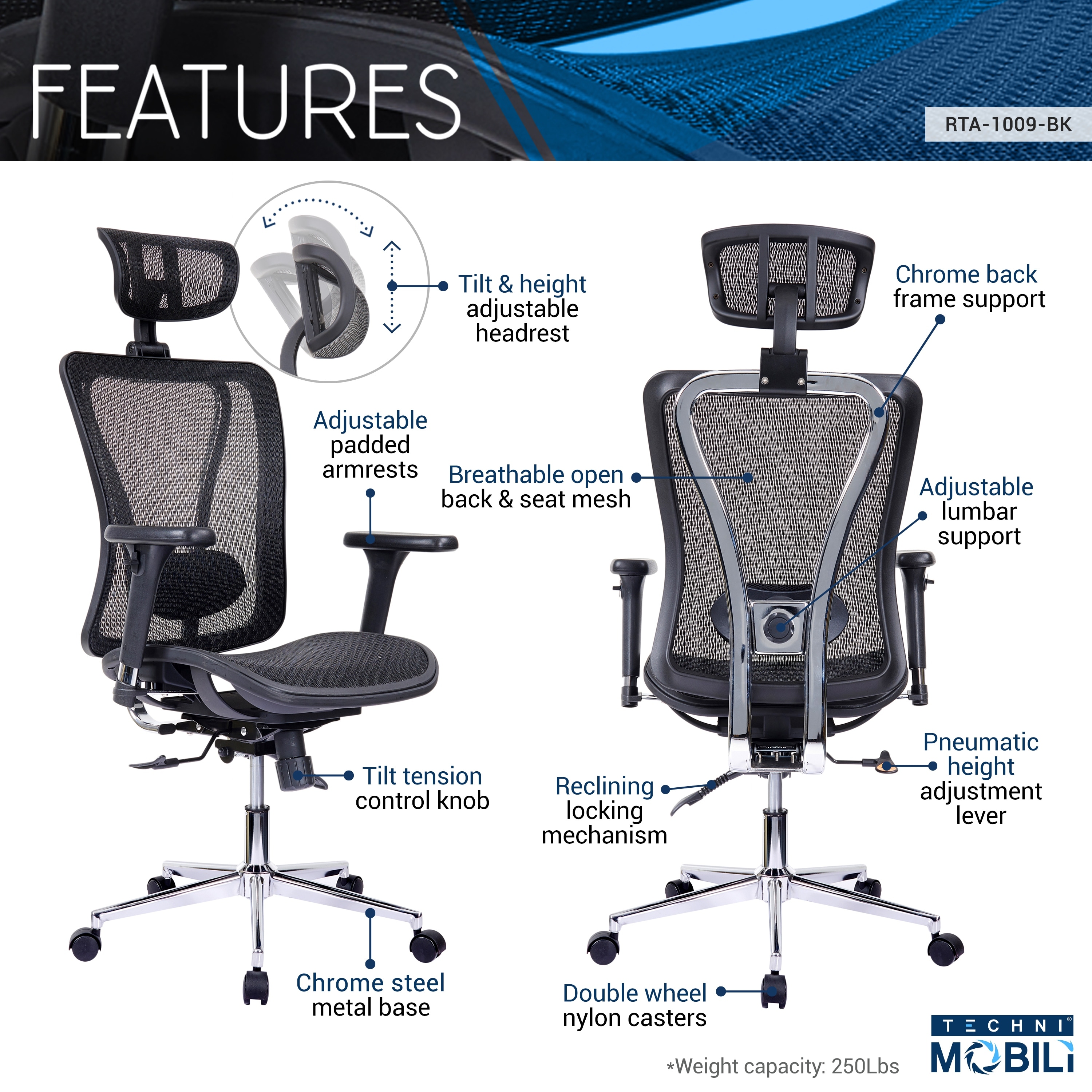 Tension Lock Mechanism High Back Executive Mesh Office Chair with
