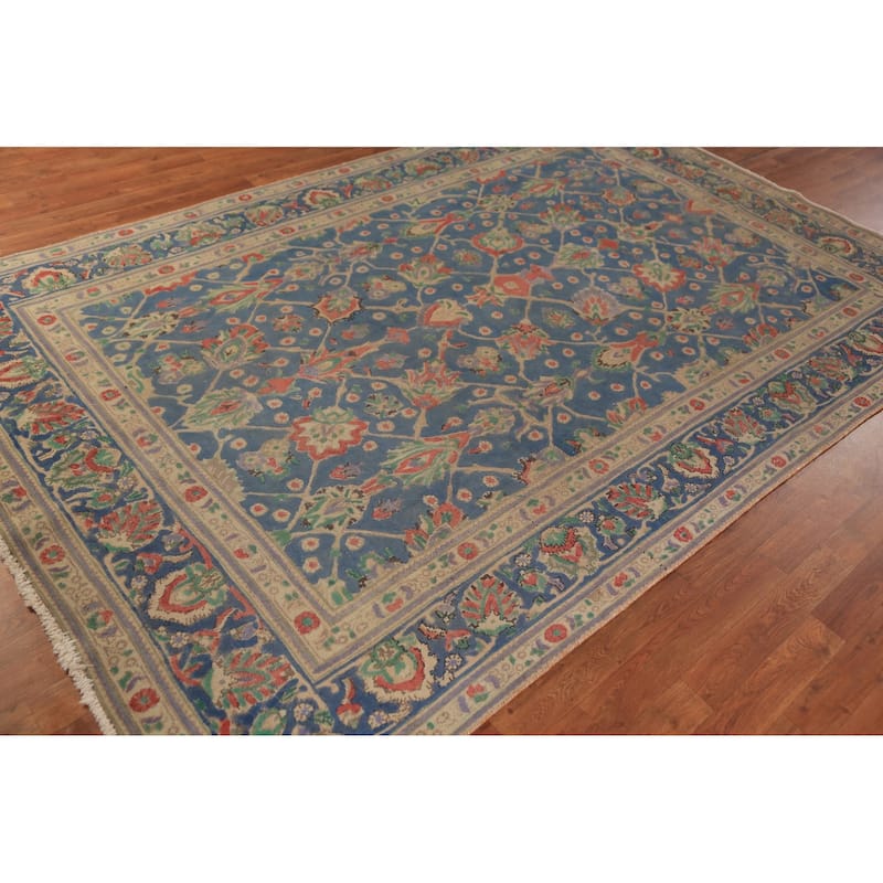 Blue Floral Tabriz Persian Area Rug Hand-Knotted Wool Carpet - 6'2"x 9'9"