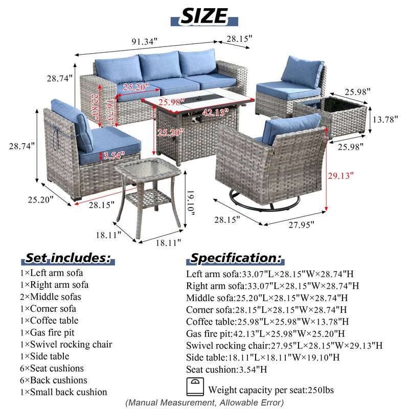 HOOOWOOO 9-piece Wicker Outdoor Modular Wide Armrest Sectional Set Fire Pit Set
