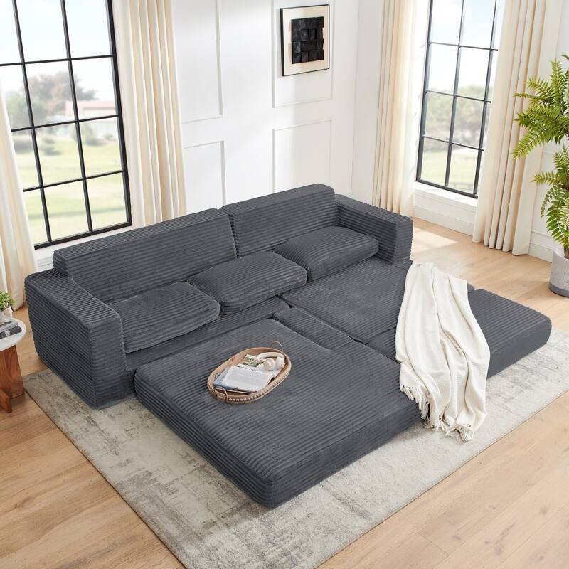 112.6" Modern L-shaped Modular Sectional Sofa in Corduroy, Unfold into Bed for Rest