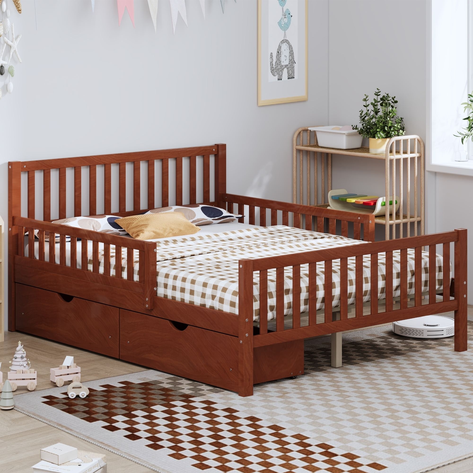 Wood Platform Bed with Guardrails and Storage Drawers