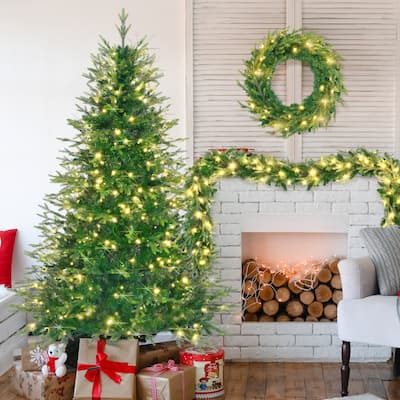 6FT Pre-Lit Christmas Tree, Garland & Wreath Set, Colored & Warm LED Lights, Holiday Décor