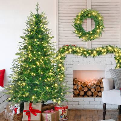 6FT Pre-Lit Christmas Tree with Garland & Wreath Set, LED Multi-Color & Warm Lights, Green and White Tips