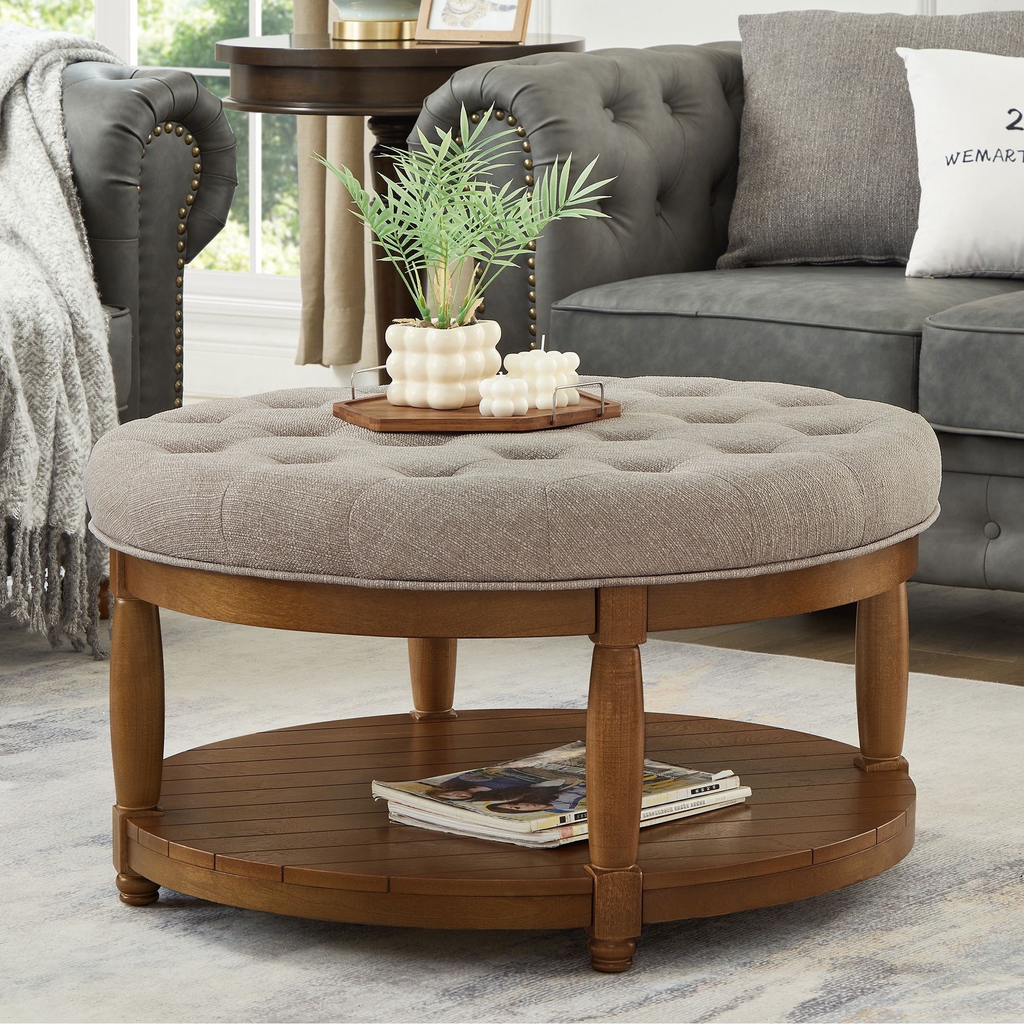 GDFStudio Xytheron Linen Round Coffee Table Ottoman with Open Storage Shelf and Tufted Cushion