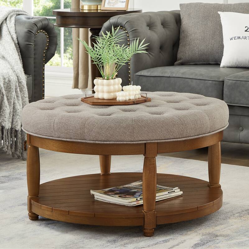 Large Round Tufted Linen Ottoman Coffee Table with Wood Shelf Storage - Linen Beige