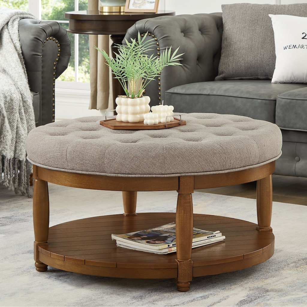 Large Round Tufted Linen Ottoman Coffee Table with Wood Shelf Storage - Linen Beige