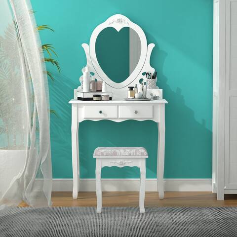 Vanity Table Set with Heart-Shaped Mirror and Cushioned Stool, Modern Makeup Dressing Table with 4 Drawers, White
