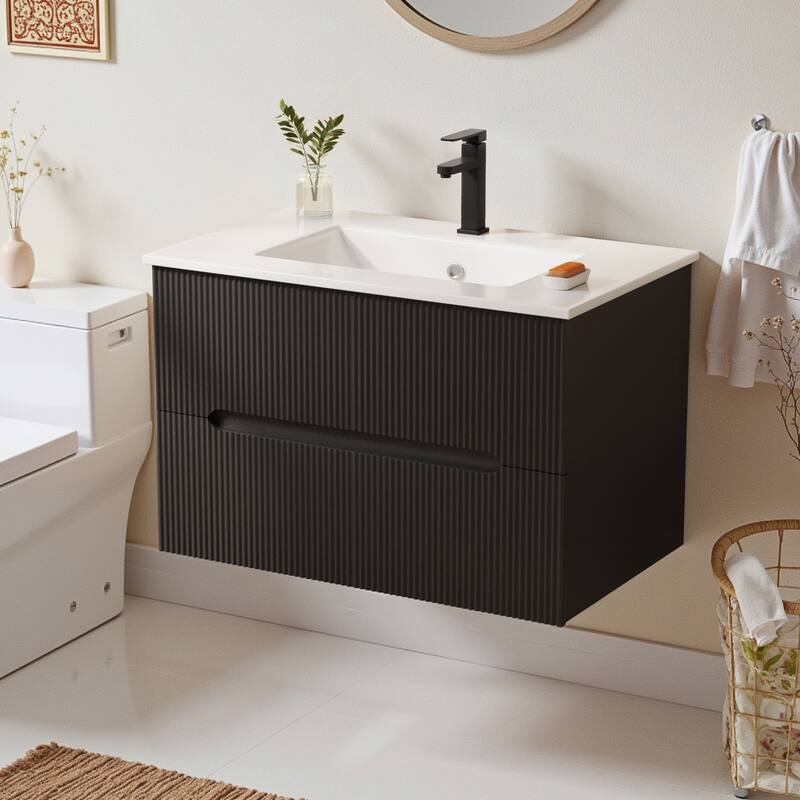 EROMMY 24/30 Inch Floating Bathroom Vanity with Sink, Modern Sink Cabinet with 2 Drawers and Soft-Close Design