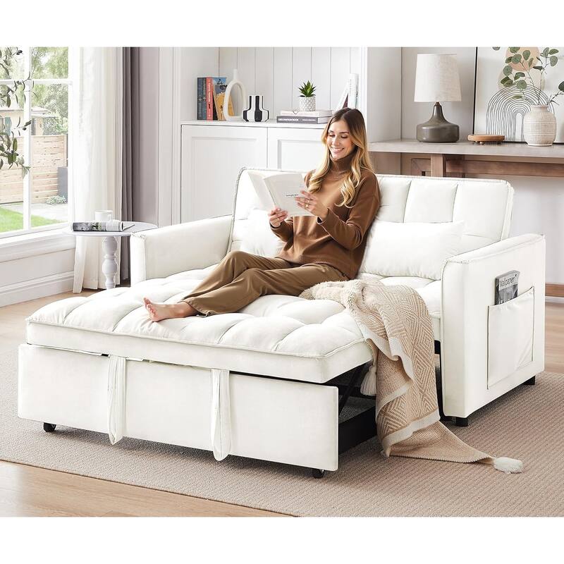 3 in 1 Convertible Sleeper Sofa Bed, Futon Couches for Living Room with Side Pocket, Adjustable Backrest - Beige