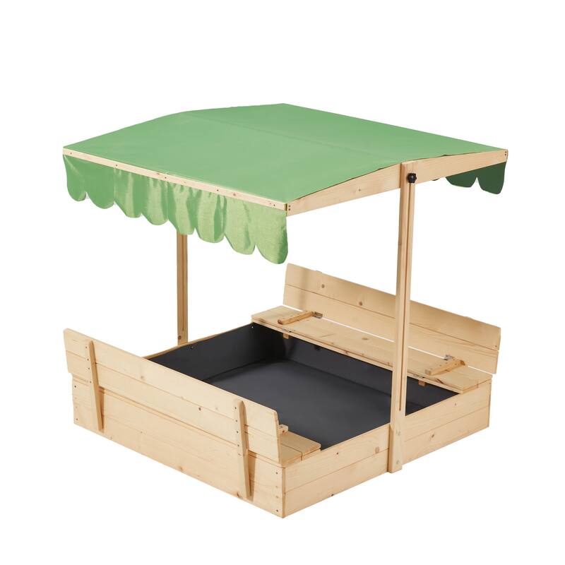 EROMMY Kids Wooden Sandbox with 2 Foldable Bench Seats and Adjustable Canopy Roof