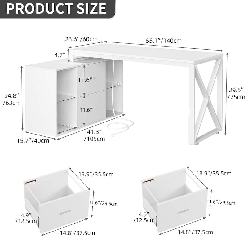 55 Inch L-shaped Gaming Desk with Power Outlets and LED Lights Computer Corner Desk with File Cabinet Monitor Stand