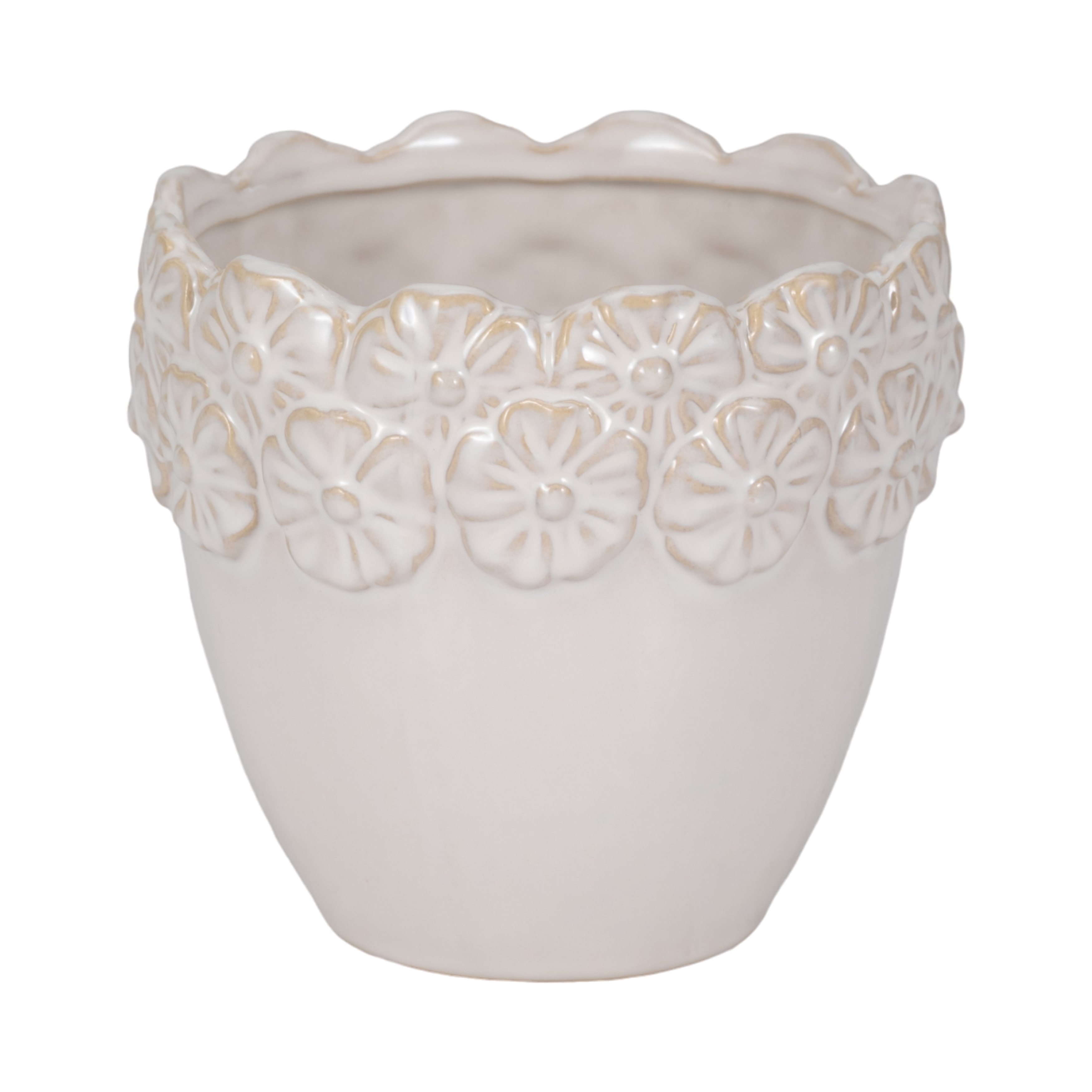 Plant Pot - Ivory Ceramic Round Iridescent Floral Crown, 6"
