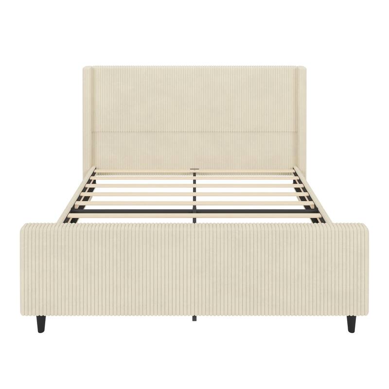 King Size Corduroy Upholstered Bed Frame with Wingback Headboard, Cream