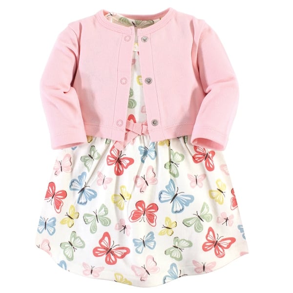 slide 1 of 1, Touched by Nature Baby and Baby Girl Organic Cotton Dress and Cardigan 2pc Set, Butterflies 3-6 Months - Butterflies
