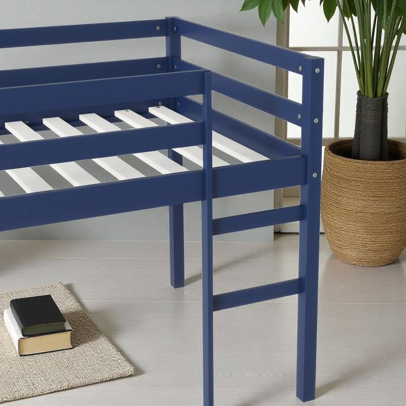 Solid Wood Twin Loft Bed with Ladder, Rubber Wood Frame Low Height Design with Guard Rails and Storage Space