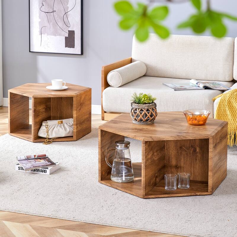 Hexagonal Porous Design Coffee Table Set - Wood