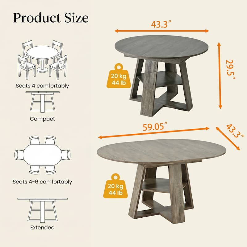43"-59" Extendable Oval Dining Table with Storage Base, Modern Round to Oval Kitchen Table