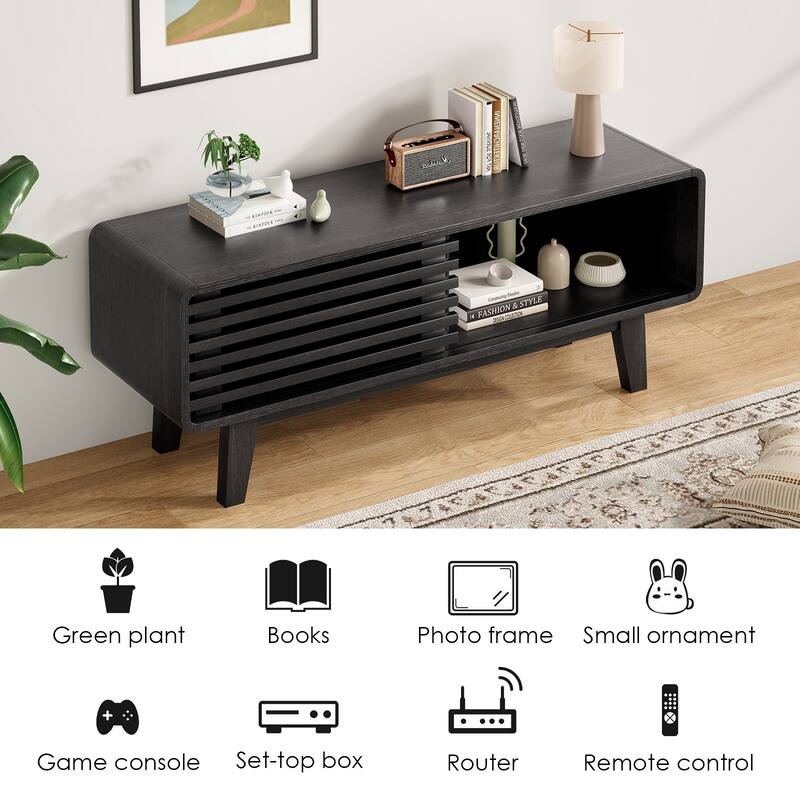 TV Stand for TV Up to 59 Inch, Entertainment Center with Storage Cabinet and Sliding Door, Mid-Modern Century Console Table