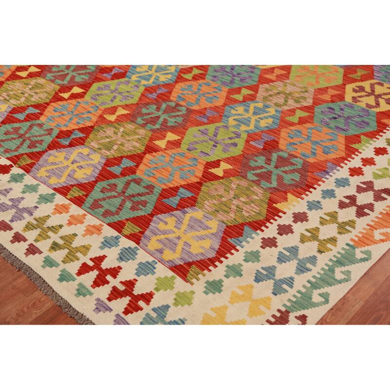 Colorful Kilim Oriental Area Rug Hand-Woven Wool Carpet - 8'7"x 11'1"