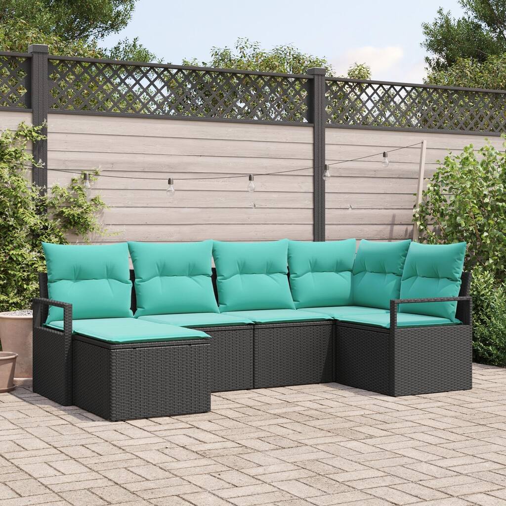 vidaXL 7 Garden Sofa Set with Cushions Black Poly Rattan - 91.3 x 48 x 27.2
