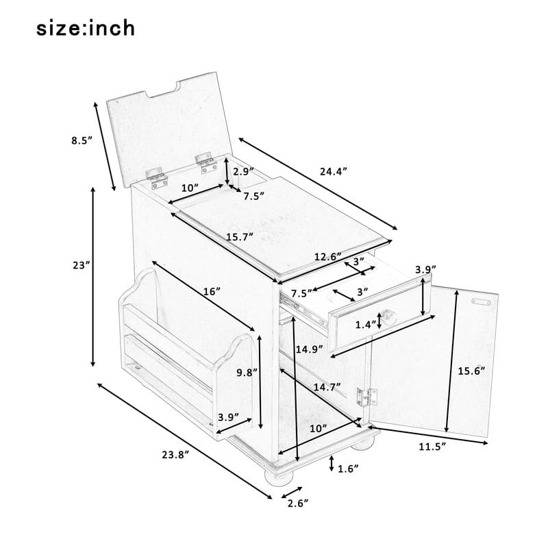 Retro Flip-Top End Table – USB Ports, Cup Holder Drawer & Bookshelf, Ideal for Small Spaces.