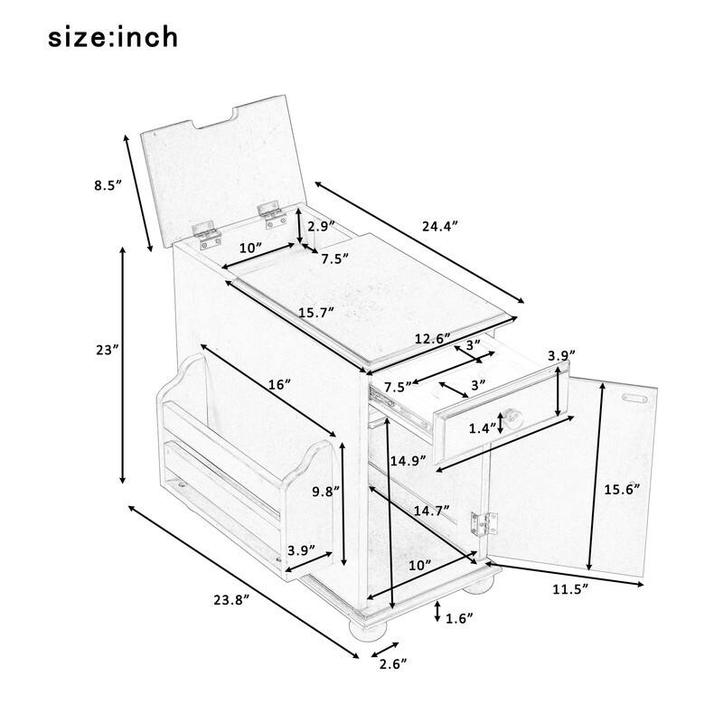 Vintage End Table Flip Top Side Table with USB Ports,One Multifunctional Drawer with cup holders,Sofa Couch Table with Bookshelf