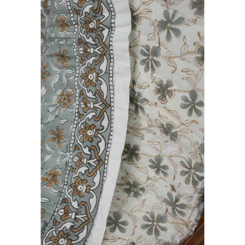 Fabdivine Artisan Handmade 100% Cotton Quilt - Brown Green Floral Block Print, Reversible Bohemian Bedding for Home