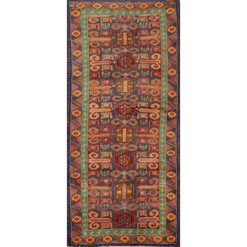 Hand Knotted Oriental 100% Wool Carpet Traditional Geometric Navy Blue & Blues Ardebil Runner Rug - 8' 9'' X 3' 9''