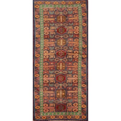 Hand Knotted Oriental 100% Wool Carpet Traditional Geometric Navy Blue & Blues Ardebil Runner Rug - 8' 9'' X 3' 9''