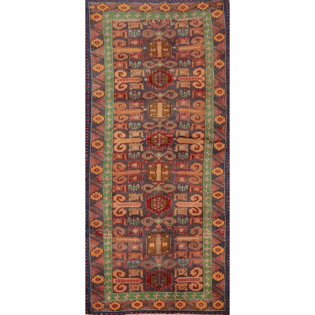 Hand Knotted Oriental 100% Wool Carpet Traditional Geometric Navy Blue & Blues Ardebil Runner Rug - 8' 9'' X 3' 9''