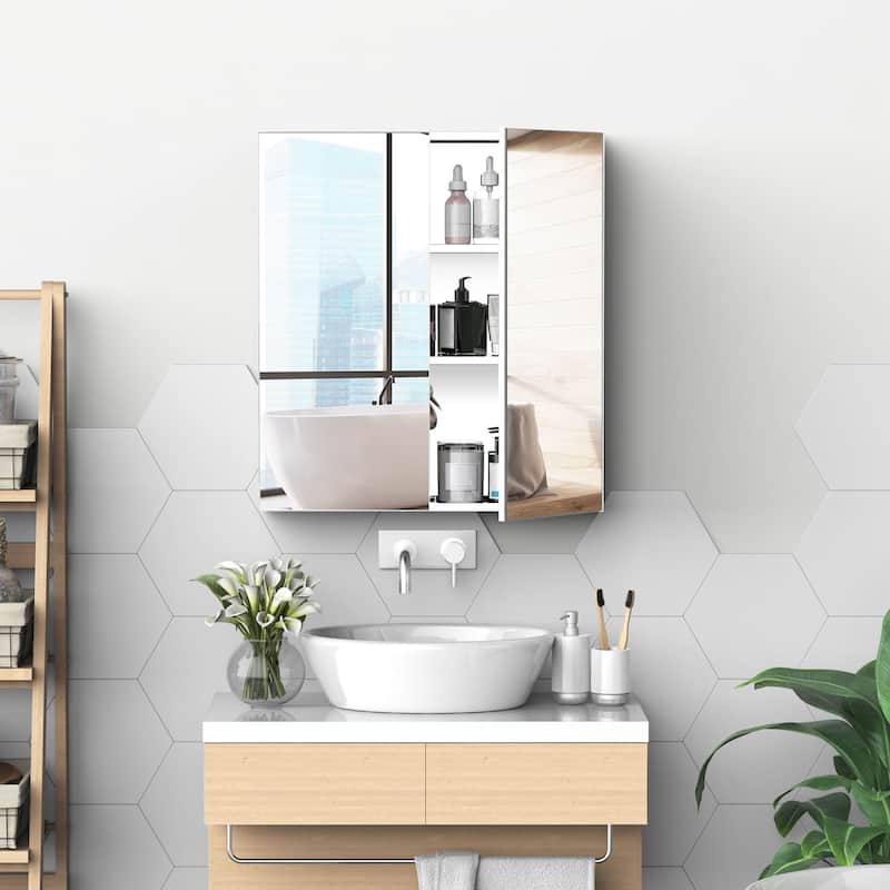 Wall-Mounted Stainless Steel Mirrored Bathroom Cabinet with 3 Shelves for Toiletries and Medicine Storage