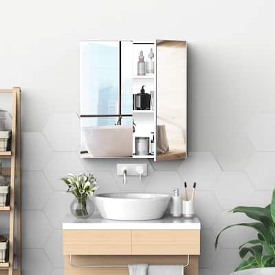 Wall-Mounted Stainless Steel Mirrored Bathroom Cabinet with 3 Shelves for Toiletries and Medicine Storage