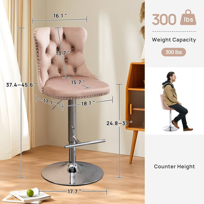 Velvet Adjustable Swivel Counter Height Barstools Set of 6