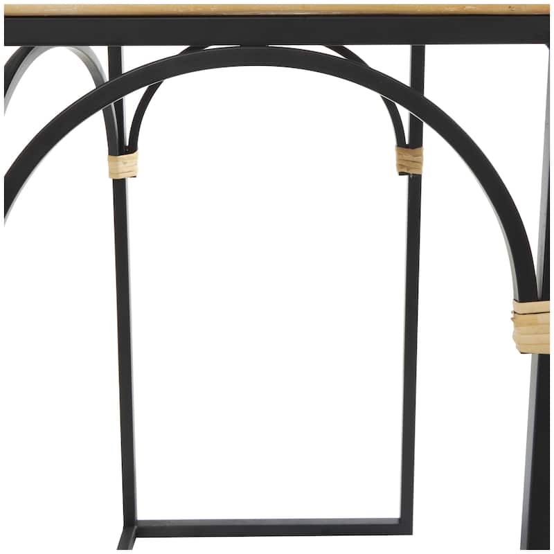 Metal Arched Side End Accent Table with Wood Zig Zag Patterned Top and Rattan Accents - Set of 2 Black - Roche River Decor