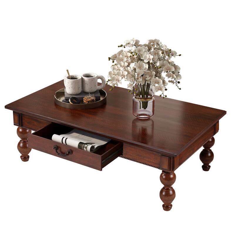 Rectangular Wooden Coffee Table with Storage Drawer, Vintage Cocktail Table with Solid Wood Gourd-Shaped Legs - Walnut