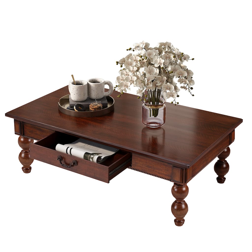 Rectangular Wooden Coffee Table with Storage Drawer, Vintage Cocktail Table with Solid Wood Gourd-Shaped Legs
