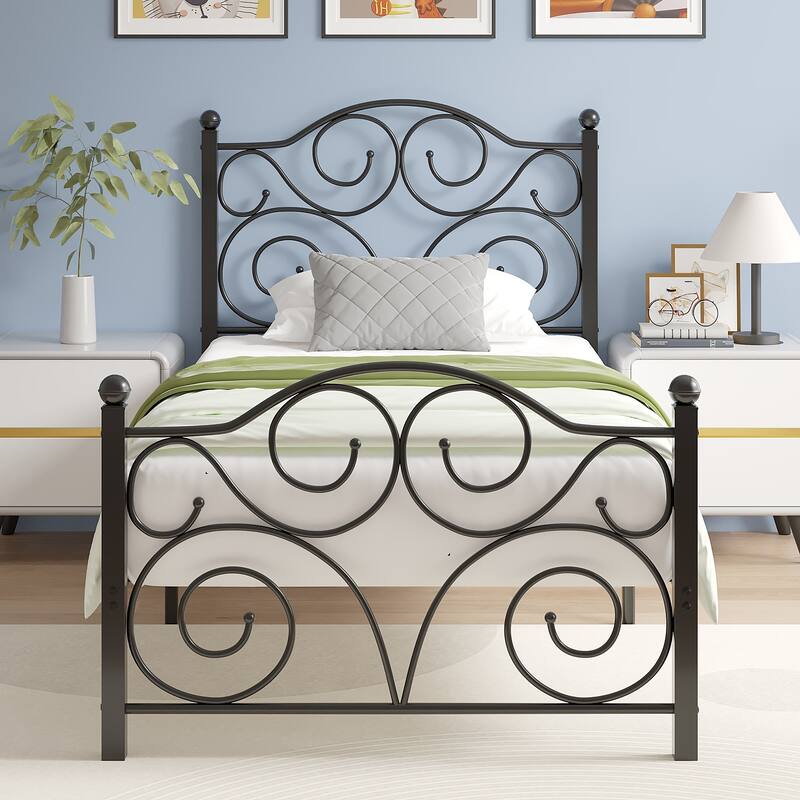 Javlergo Metal Bed Frame with Arched Headboard and Footboard, Heavy Duty Steel Slat Support, No Box Spring Needed - Black - Twin