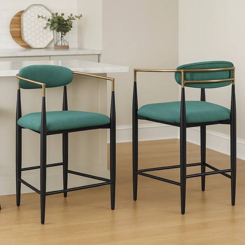 Tiara Counter Height Chair Set of 2, Teal Green, Black Metal 25 Inch