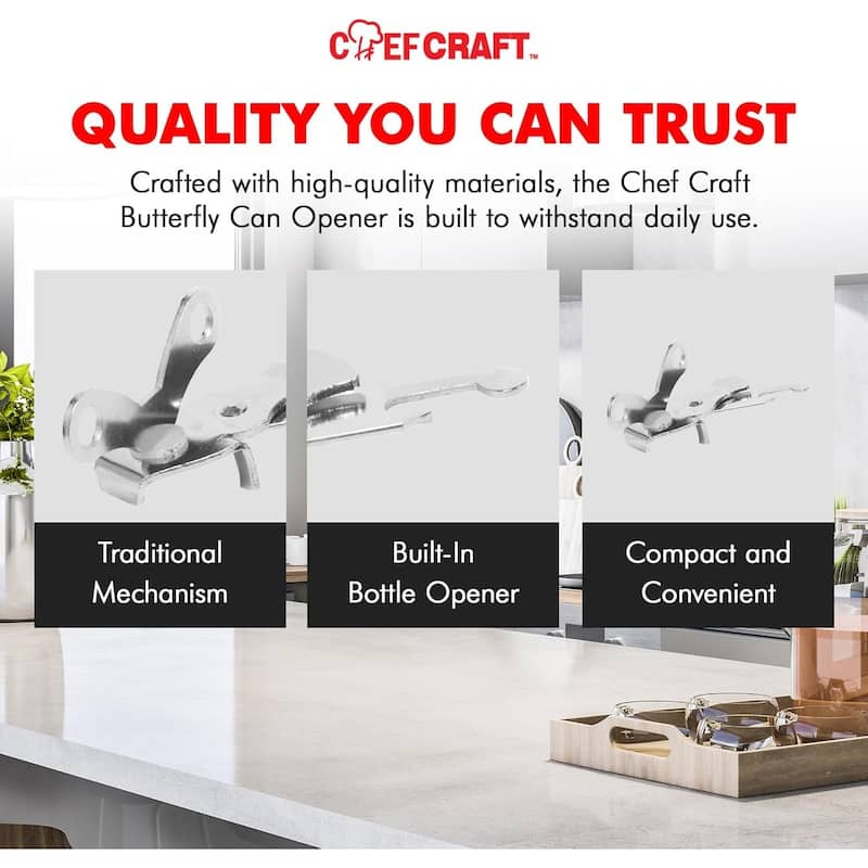 Chef Craft 4" Long Butterfly Manual Can Opener - Compact Size for Camping or Taking with a Lunch