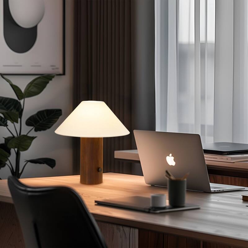 Brightech Oakley LED Walnut Brown Wood Midcentury Dimmable Bedside Nightstand Desk Lamp