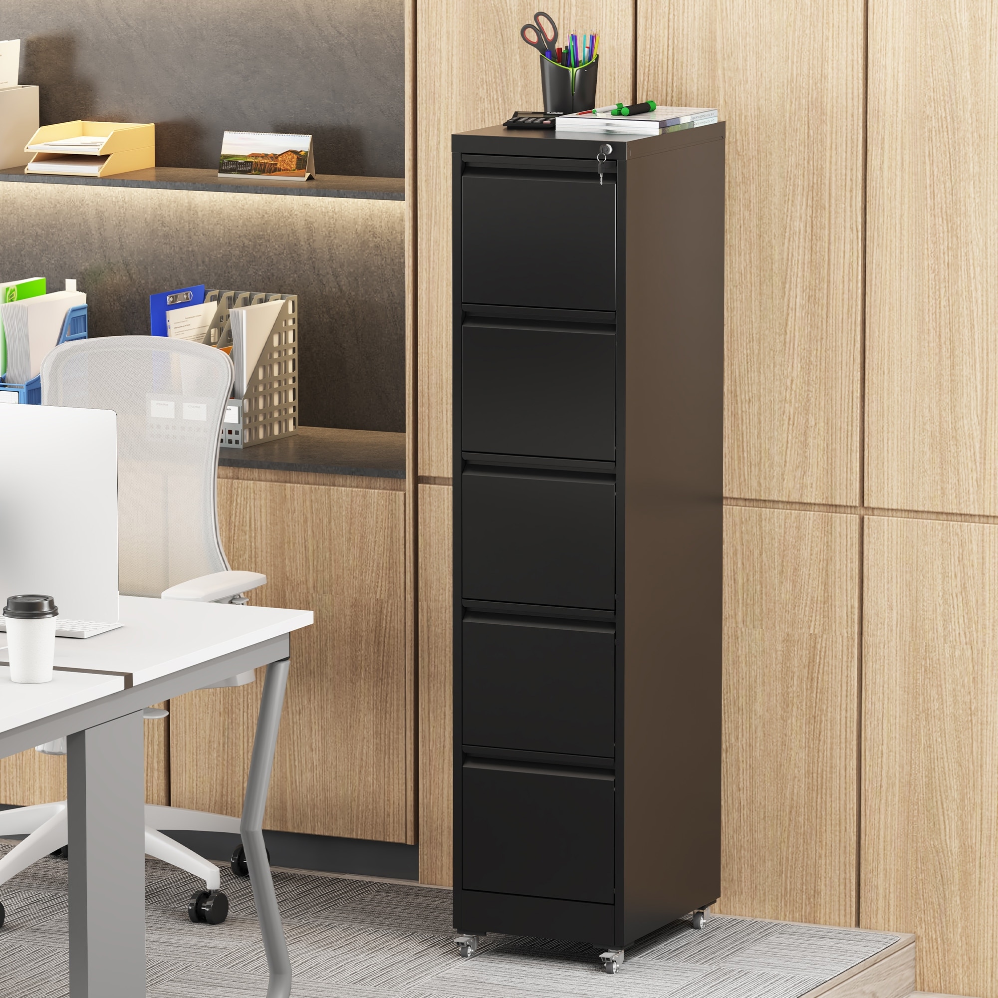5 Drawer Metal Vertical File Cabinet with Lock on Wheels,Heavy Duty Metal Storage Cabinet for A4/Letter/Legal Size Files